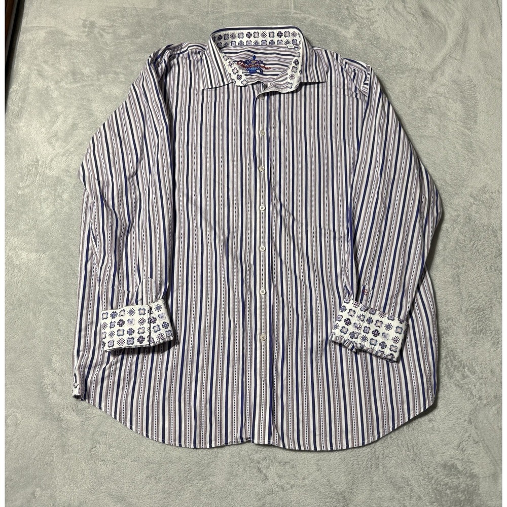 Robert Graham Shirt Mens 2XLT Purple Striped Button Up Contrast Cuff